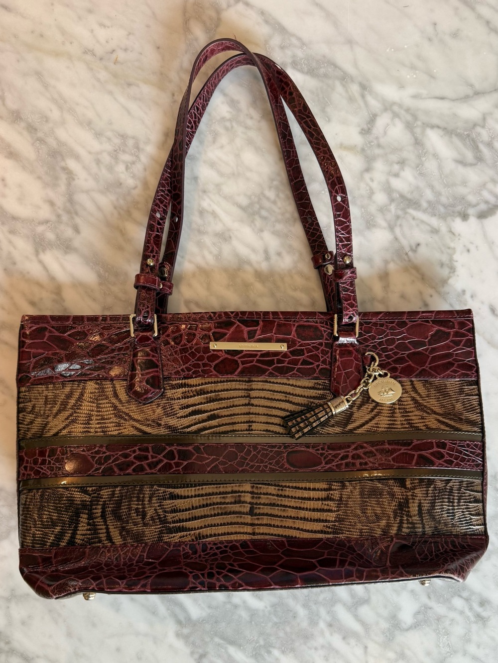 Brahmin Croc and Snake Embossed Burgundy Tote